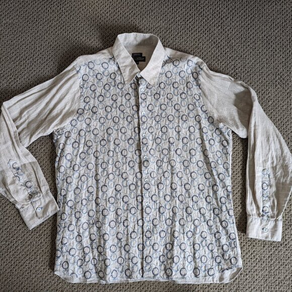 100% raw linen button down shirt with blue embroidery - Picture 2 of 15